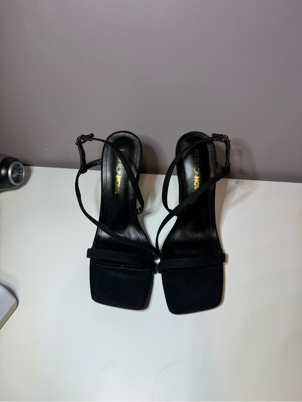 Fashion Nova Black Strappy Square-Toe Heeled Sandals with Ankle Strap